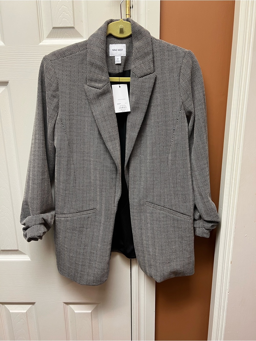 Nine West Black and White Herringbone Open-Front Blazer